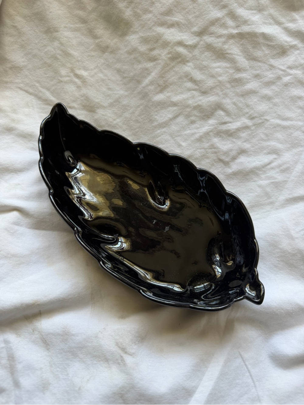 Vintage MCM Frankoma Pottery 12" Glossy Black Footed Leaf Dish Plate #226